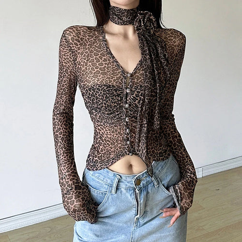 Load image into Gallery viewer, Leopard Tops Women Grunge Clothes See Through V Neck Long Sleeve Button T Shirts with Scarf y2k Clothing Streetwear
