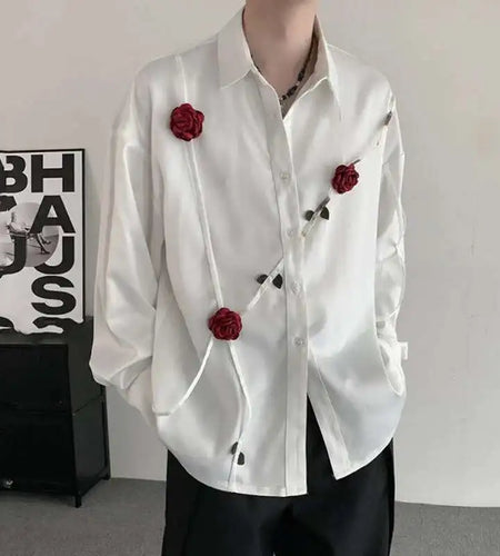 Spring Men's Shirts Three-dimensional Rose Design Lapel Contrast Color Menswear Long Sleeve Single Breasted Male Tops 9W185
