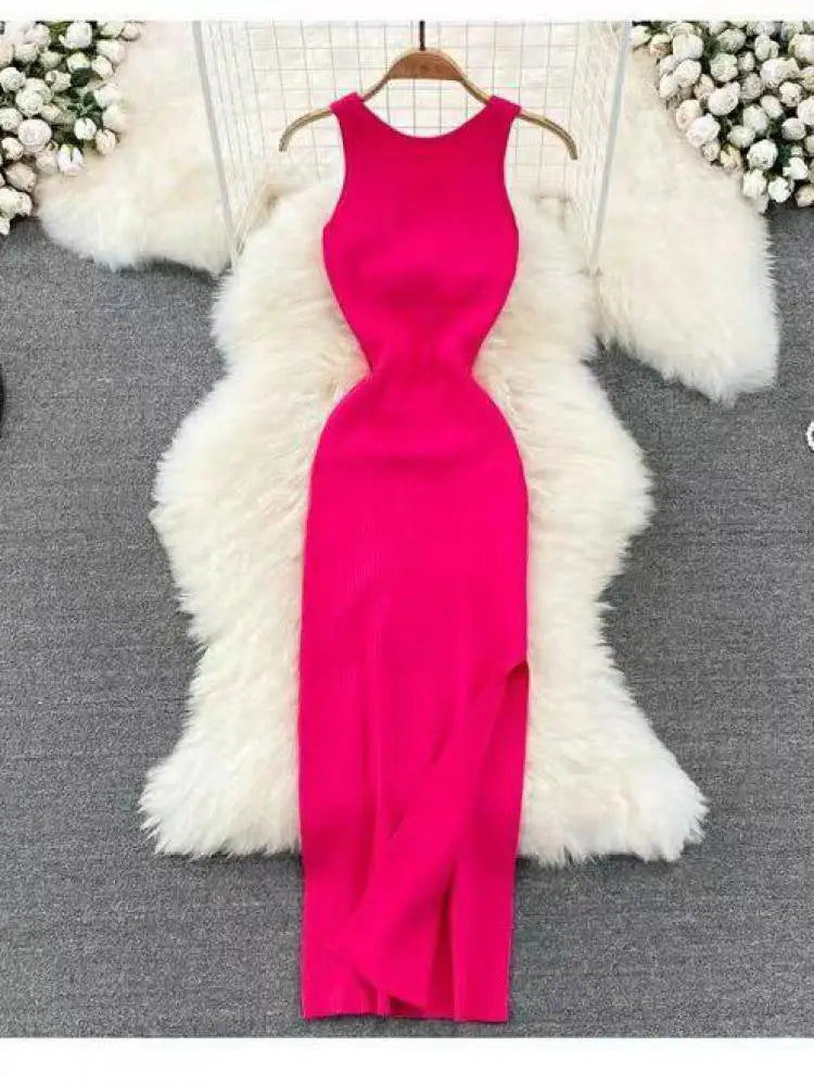 Fashion Women's Solid V Neck Elegant Sexy Club Slim Vest Long Dress Summer Vacation Backless Sleeveless Split Knitted Dress Chic