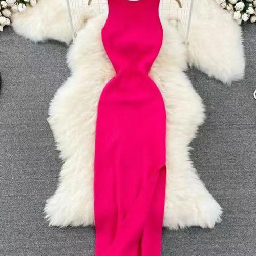 Load image into Gallery viewer, Korean Solid Knitted Split Long Dress Summer Women V Neck Sleeveless Kink Sexy Club Slim Bodycon Wrapped Hip Dress Vestidos Chic
