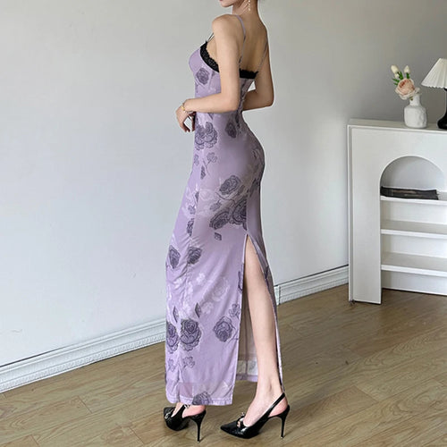 Load image into Gallery viewer, Vintage Fashion Floral Printed Mesh Dress Female Lace Trim Slim Split Spaghetti Strap Party Long Dress Double Layers
