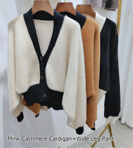 Fall Winter 2 Piece Set Women Mink Cashmere Cardigan Tracksuits Fashion Knitted Wide Leg Pant Set Ladies Sweater Suit  C-199