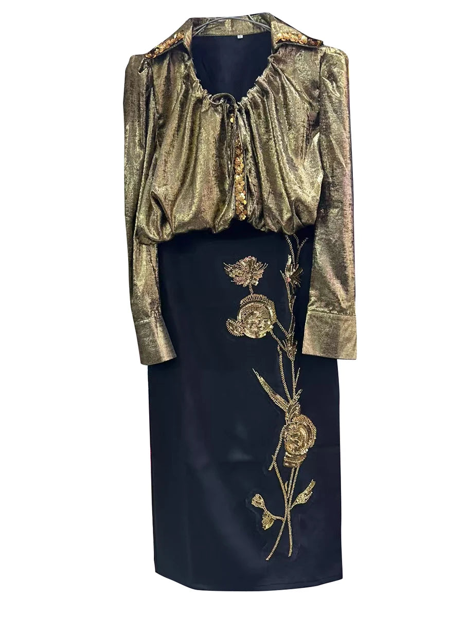 Hit Color Spliced Diamonds Two Piece Set For Women O Neck Short Sleeve Top High Waist Skirt Sets Female Fashion New