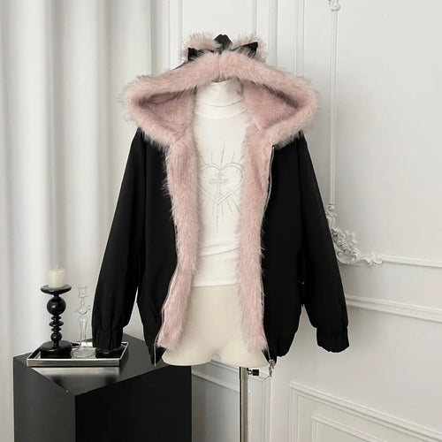 Load image into Gallery viewer, Korean Fashion Black Velvet Long Sleeve Versatile Zipper Jacket Women Autumn Winter Elegant Single Breasted Hooded Coat Tops New
