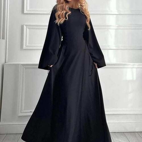 Load image into Gallery viewer, Ribbed Solid O Neck Long Flare Sleeve Bandage Sexy Bodycom Maxi Dress Fall Elegant Y2K Outfits Birthday Party Outfits
