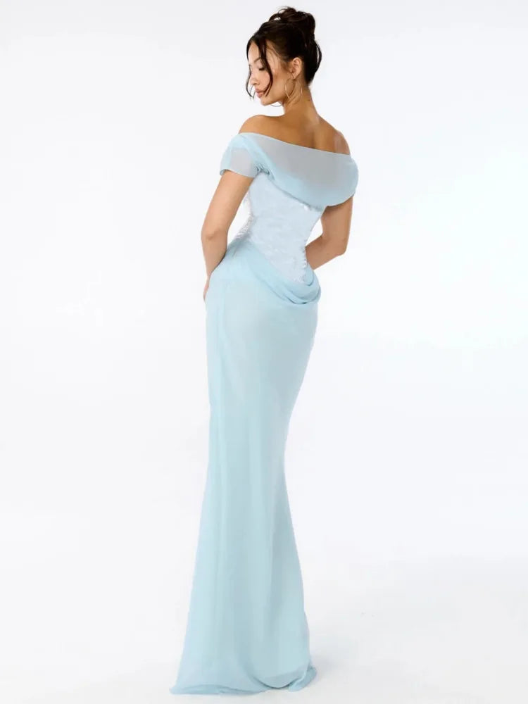 Elegant Mesh Patchwork Off Shoulder Bodycon Women Party Evening Dress 2025 Spring New Maxi Vestidos Sexy Backless Dress