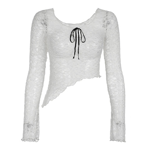 Load image into Gallery viewer, Fashion White Asymmetrical Lace Top Skinny See Through Tie-Up Sexy T-shirts Female Basic Cropped Tee Long Sleeve Chic
