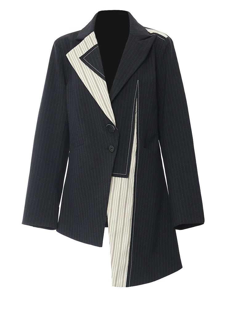 Women Navy Blue Striped Irregular Elegant Blazer New Lapel Long Sleeve Jacket Fashion Tide Spring Autumn 2025 1DH5930