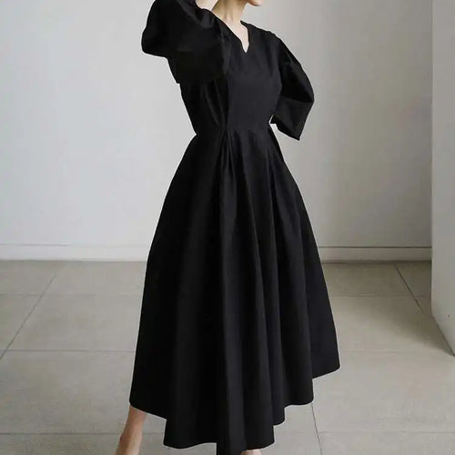 Load image into Gallery viewer, Women Kahki Elegant Big Size Long Dress New V-Neck Long Lantern Sleeve Loose Fit Fashion Tide Spring Autumn 2025  1DH0488
