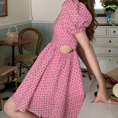 Load image into Gallery viewer, Printed Hollow Out Puff Sleeve Dresses Square Neck Chiffon Ruffled Women Dresses High Street Elegant Fashion Female Dress
