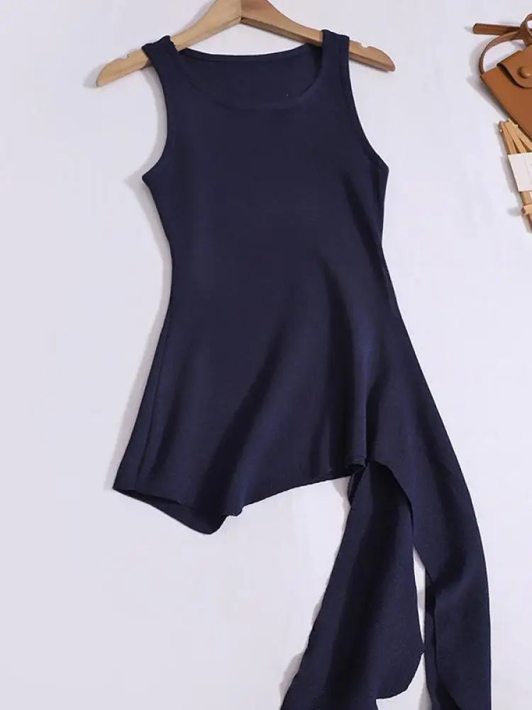 Summer Solid Round Neck Sexy Irregular Bandage Knitted Vest Women Sleeveless Holiday Versatile Tops Casual Streetwear clothing