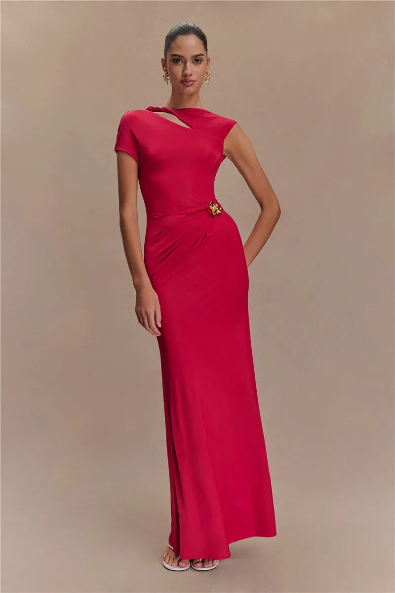Hollow Out Gold Clasp Sexy Maxi Dress For Women Gown Solid Sleeveless Backless Ruched Bodycon Club Long Dress Elegant