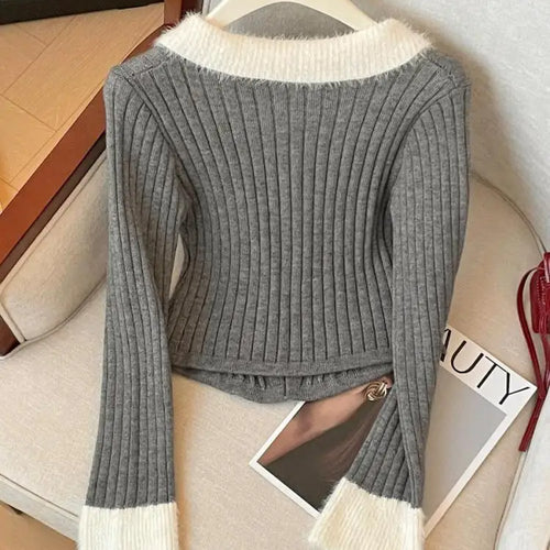 Load image into Gallery viewer, Korean Autumn Winter Grey Patchwork Elegant Pullover Short Sweater Women's 2024 New Beige Lace-up Long Sleeved Knitted Tops Chic
