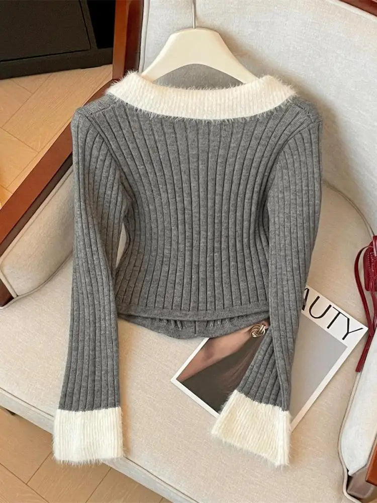 Korean Autumn Winter Grey Patchwork Elegant Pullover Short Sweater Women's 2024 New Beige Lace-up Long Sleeved Knitted Tops Chic