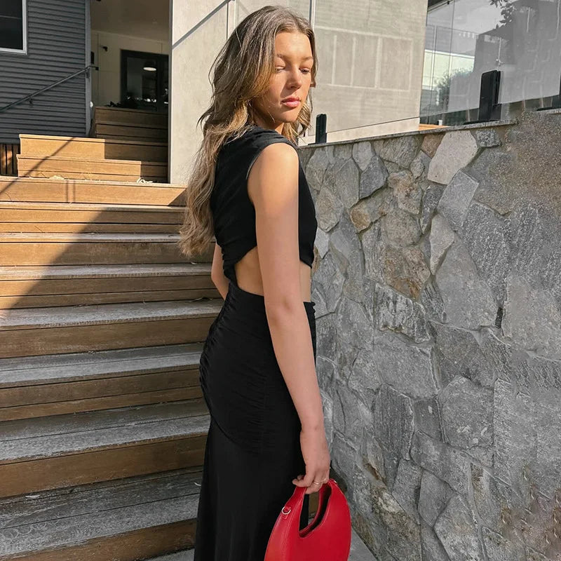 Sexy Sleeveless Hollow Out Pleated Patchwork Maxi Dress For Women High Waist Off-shoulder Slim Club Party Long Dress