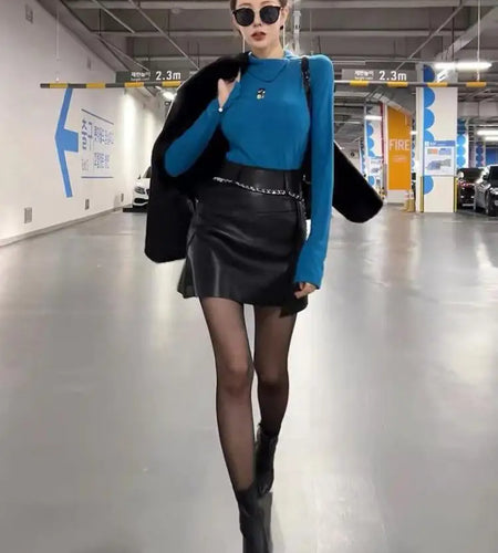 Autumn Women Brown Irregular Chain Belt Mini Skirt Black High Waist Slim Leather Bodycon Wrap Hip Short Skirt Streetwear Popular