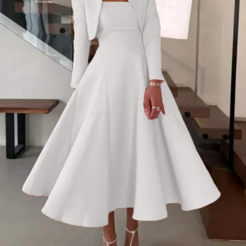 Load image into Gallery viewer, Solid Elegant Two Piece Sets for Women Round Neck Long Sleeves Top Square Neck Sleeveless Tunic Dress Female Clothes
