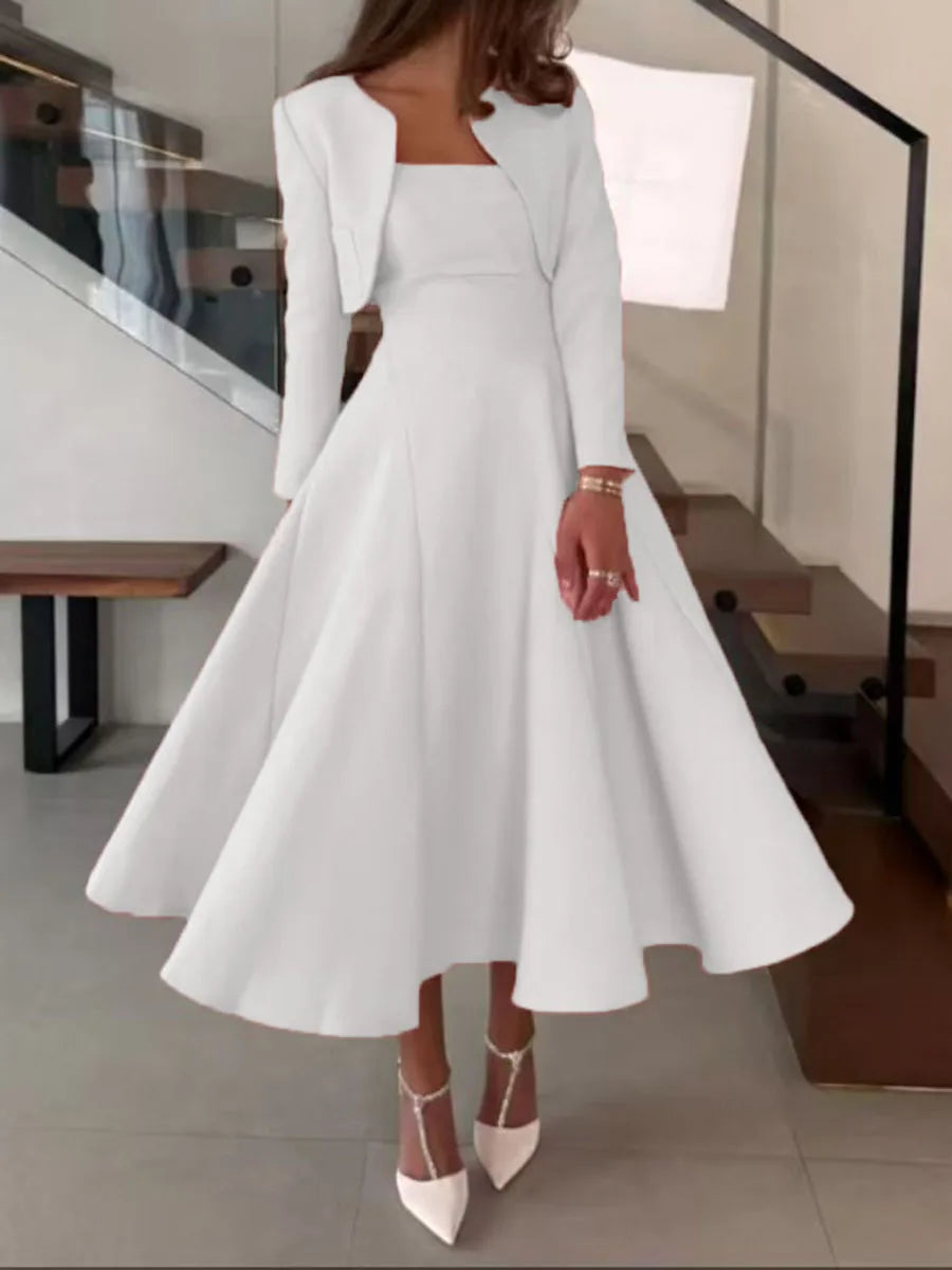 Solid Elegant Two Piece Sets for Women Round Neck Long Sleeves Top Square Neck Sleeveless Tunic Dress Female Clothes