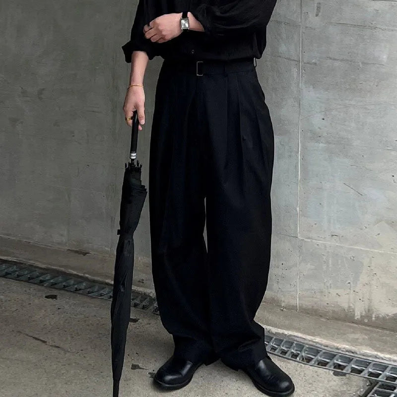Korean Style Men's Pants Casual Belt Solid Color Bottom Straight Wide Leg Male Trousers 2025 Spring New Stylis 9C6740