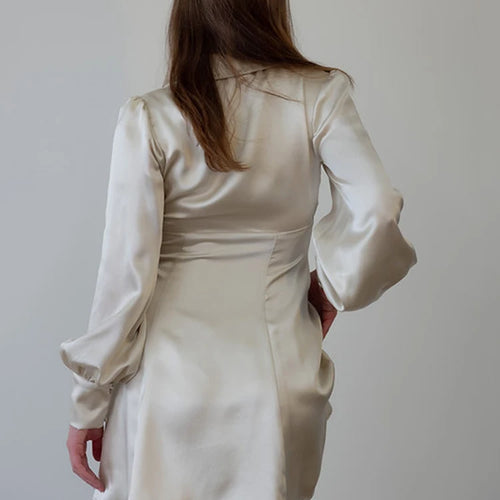 Load image into Gallery viewer, Elegant Long Sleeved Satin Lace Up Dress For Women Bodycon Suit Collar Hollow Out Dress Casual Female Party Club Vesidos
