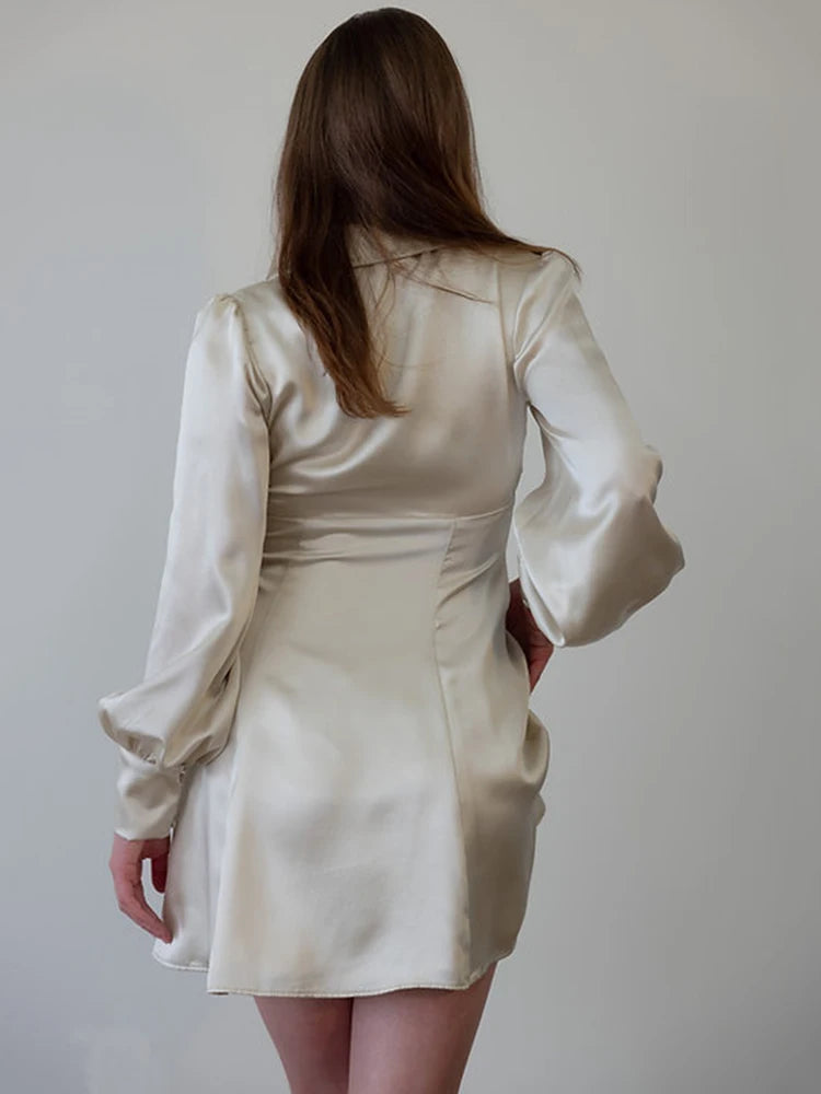 Elegant Long Sleeved Satin Lace Up Dress For Women Bodycon Suit Collar Hollow Out Dress Casual Female Party Club Vesidos