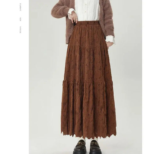 Load image into Gallery viewer, French Women Solid Velvet Lace Elegant Vacation Pleated Long Skirt 2024 Autumn Winter New High Waist Party Skirt Fashion Popular
