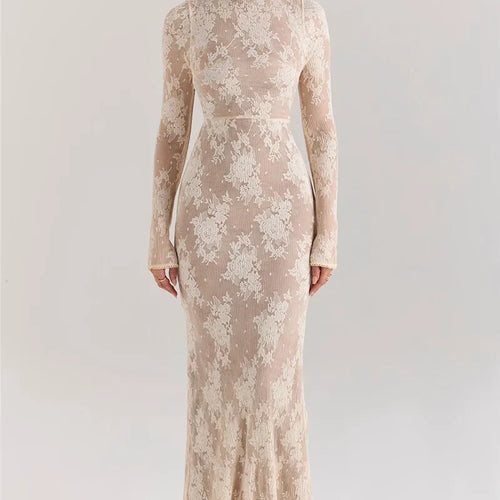 Load image into Gallery viewer, Lace Print Long Sleeve Sexy Maxi Dress For Women White Zipper Half High Collar Bodycon Fashion Elegant Long Dress
