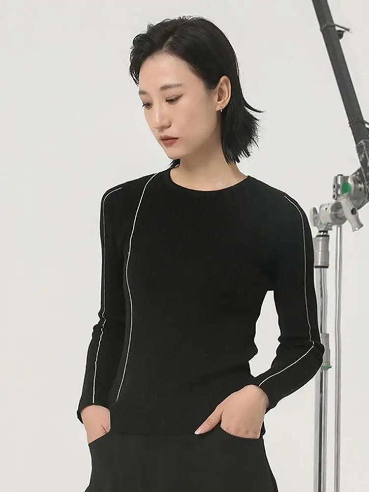 Black Color-block Slim Knitting Sweater Round Neck Long Sleeve Women Pullovers New Fashion Spring Autumn 2025  1DH2083