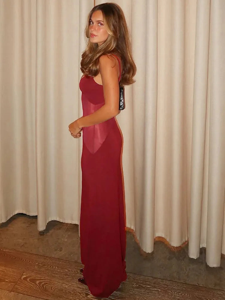 Mesh Patchwork Sexy Maxi Dress For Women Gown Spaghetti Strap Sleeveless Backless Bodycon Elegant Club Long Dress