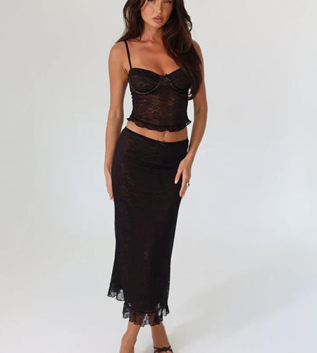 Lace Sexy Two Piece Sets Women Spaghetti Strap Sleeveless Crop Tops And Long Skirt Matching Sets Elegant Club Sets