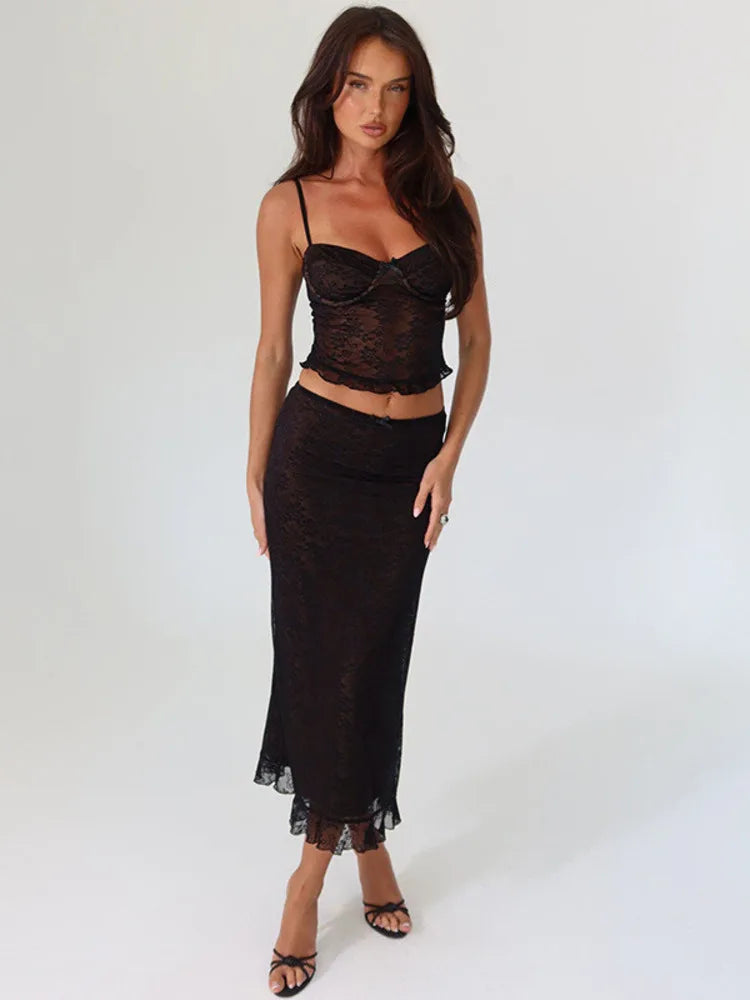 Lace Sexy Two Piece Sets Women Spaghetti Strap Sleeveless Crop Tops And Long Skirt Matching Sets Elegant Club Sets