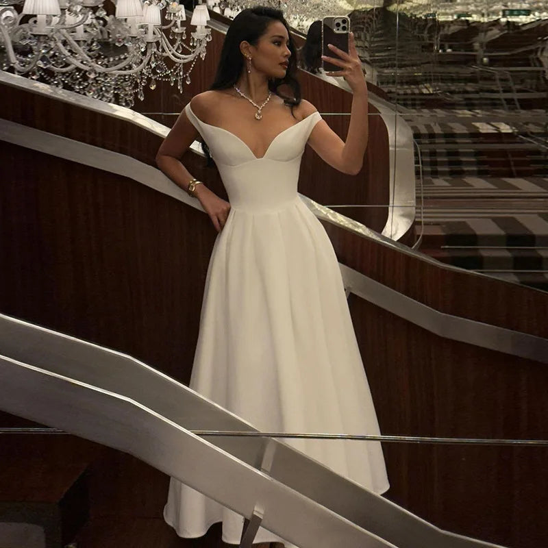 Off-shoulder Backless Pleated Maxi Dress Women Fashion Strapless Sleeveless High Waist A-line Club Long Dress Elegant