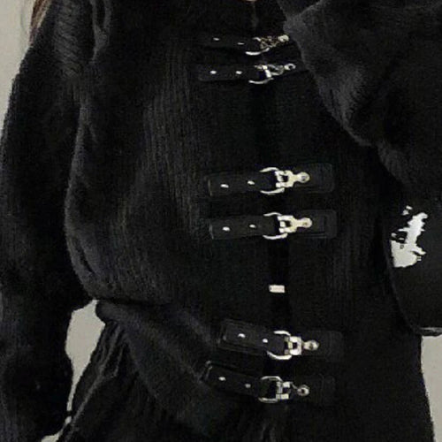 Load image into Gallery viewer, Bleted Button Black Knitted Cardigan Women Cool Punk Loose Sweater Jacket Y2k Aesthetic Tops Casual All Match Harajuku
