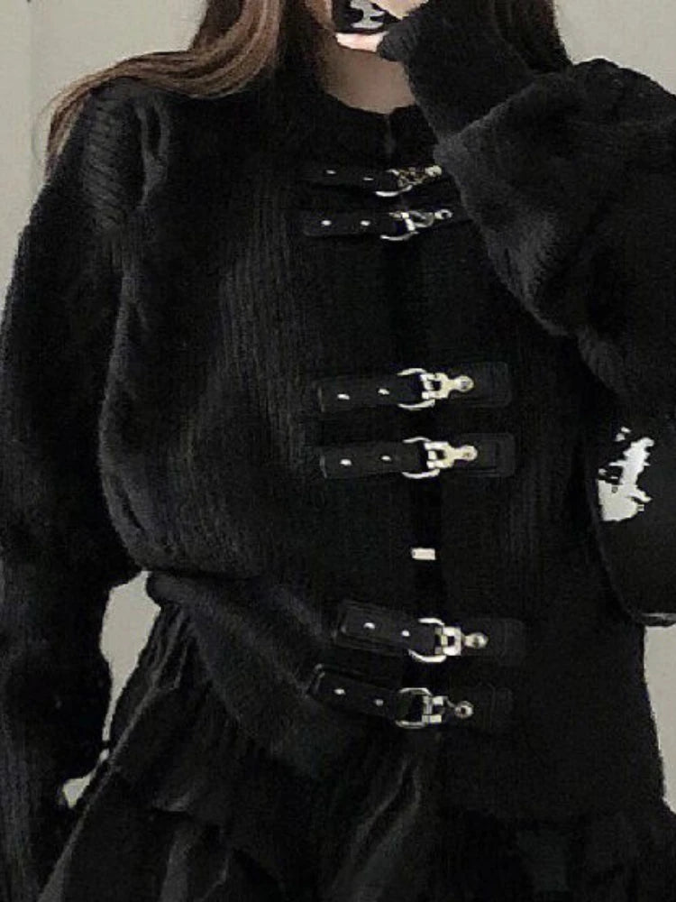 Bleted Button Black Knitted Cardigan Women Cool Punk Loose Sweater Jacket Y2k Aesthetic Tops Casual All Match Harajuku