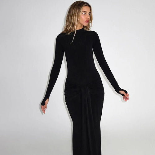 Load image into Gallery viewer, Ruched Draped Sexy Maxi Dress For Women Fashion O Neck Long Sleeve Bodycon Club Party Long Dress Female Elegant Dresses
