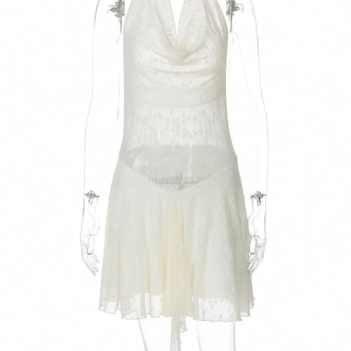 Load image into Gallery viewer, See Through Lace Halter Sexy Mini Dress Women Robe Halter Deep V Neck Backless Draped Ruffled Club Party Beach Dress
