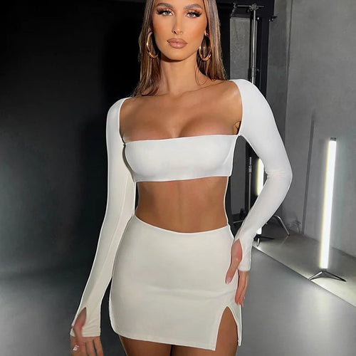 Load image into Gallery viewer, Sexy Dress Set Women White Square Collar Full Sleeve Crop Top And Mini Skirt Matching Sets Ladies Party Two Piece Set
