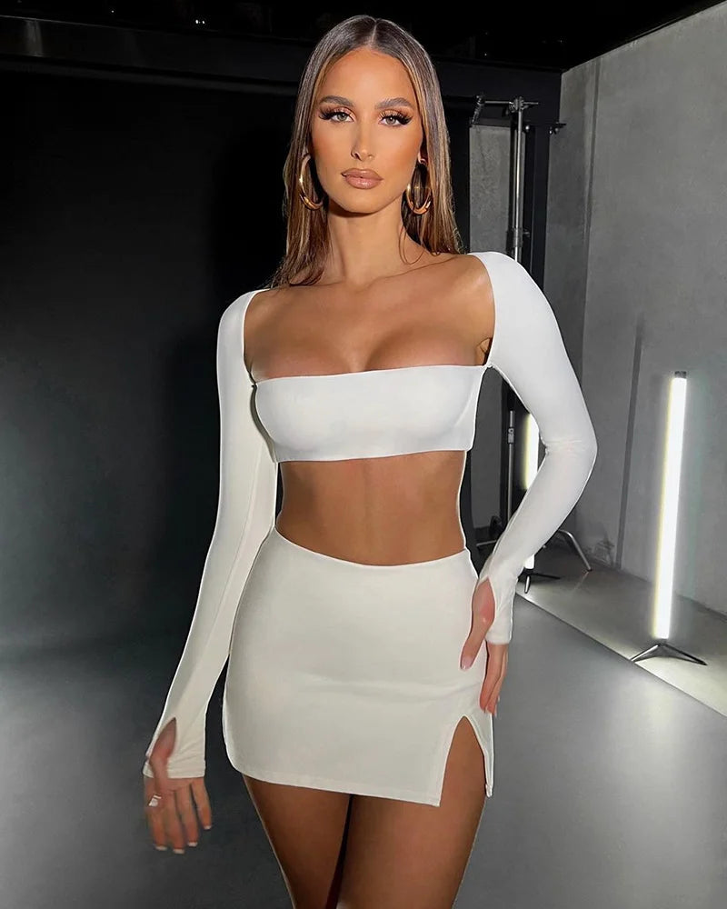 Sexy Dress Set Women White Square Collar Full Sleeve Crop Top And Mini Skirt Matching Sets Ladies Party Two Piece Set