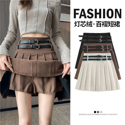 Load image into Gallery viewer, French Fashion Black Beige High Waist Mini Pleated Skirt Women 2024 New Autumn Winter Retro Brown Corduroy Versatile Short Skirt
