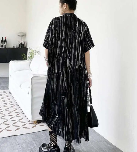 Women Black White Tie Dye Mesh Big Size Midi Shirt Dress New Lapel Short Sleeve Fashion Tide Spring Summer 2025 1DH5962