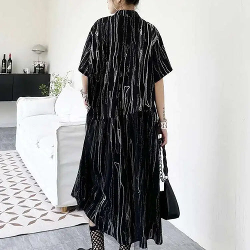 Load image into Gallery viewer, Women Black White Tie Dye Mesh Big Size Midi Shirt Dress New Lapel Short Sleeve Fashion Tide Spring Summer 2025 1DH5962
