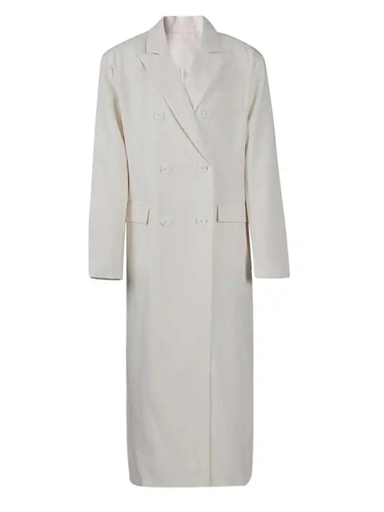 Women Beige Double Breasted Big Size Long Blazer New Lapel Long Sleeve Jacket Fashion Tide Spring Autumn 2025 1LD2046