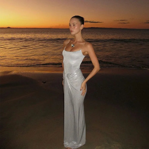 Load image into Gallery viewer, Sliver Spaghetti Strap Sexy Maxi Dress For Women Fashion Sparkle Sleeveless Backless Ruched Beach Club Sexy Long Dress
