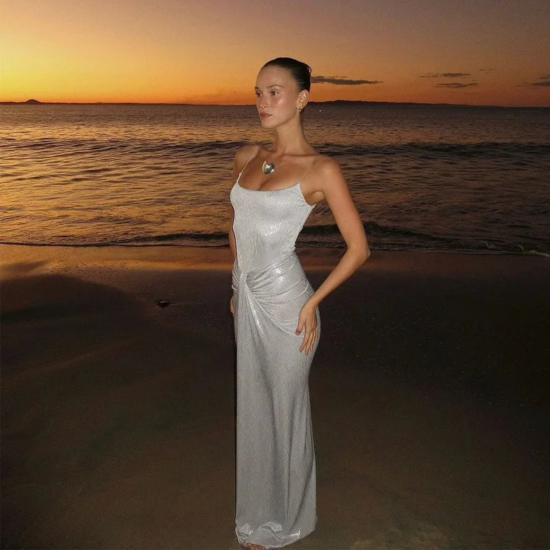 Sliver Spaghetti Strap Sexy Maxi Dress For Women Fashion Sparkle Sleeveless Backless Ruched Beach Club Sexy Long Dress