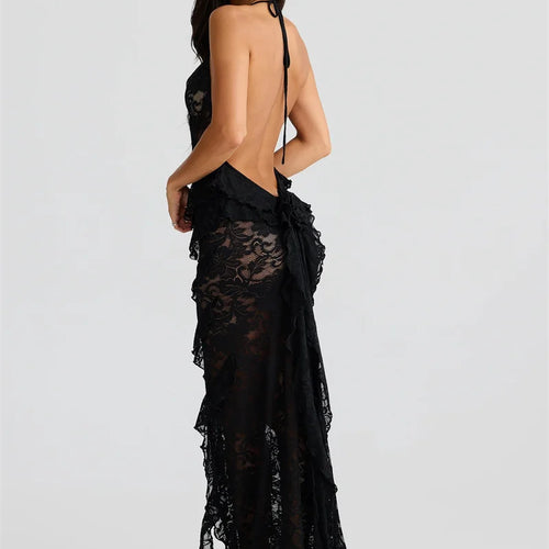 Load image into Gallery viewer, Lace Backless Sexy Maxi Dress Women Gown Halter Lace-up Sleeveless Bodycon Elegant Ruffle Beach Club Long Dress 2025

