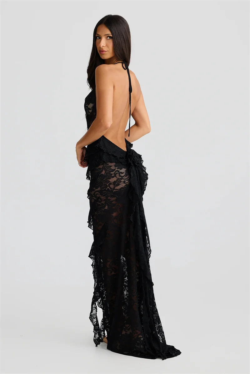 Lace Backless Sexy Maxi Dress Women Gown Halter Lace-up Sleeveless Bodycon Elegant Ruffle Beach Club Long Dress 2025