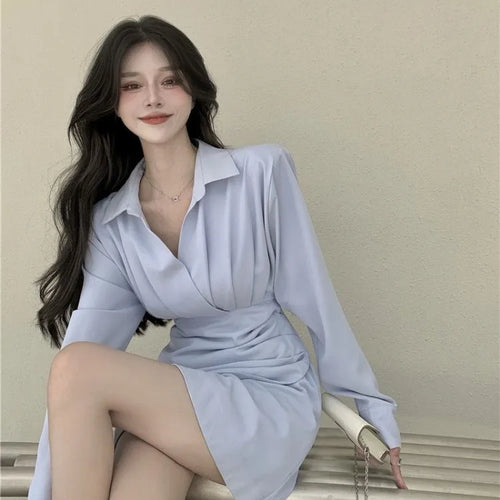 Load image into Gallery viewer, Shirt Mini Dress Women Korean Style Kpop Slim Wrap Design Short Party Dresses Autumn Winter Fashion New in Basics
