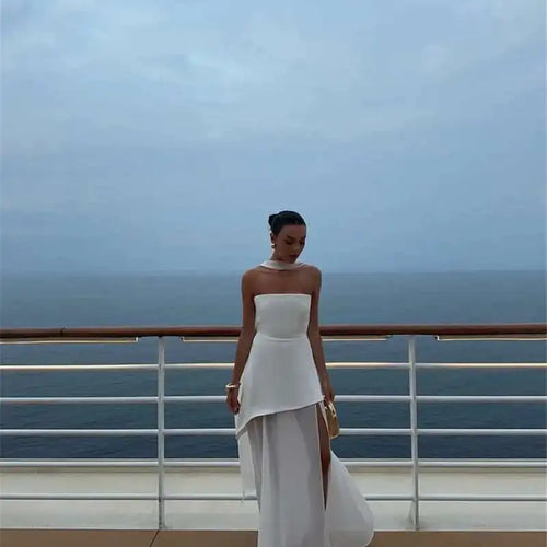 Load image into Gallery viewer, Elegant Strapless Sexy Maxi Dress For Women Gown With Scarf Off-shoulder Sleeveless Backless Split Beach Long Dress
