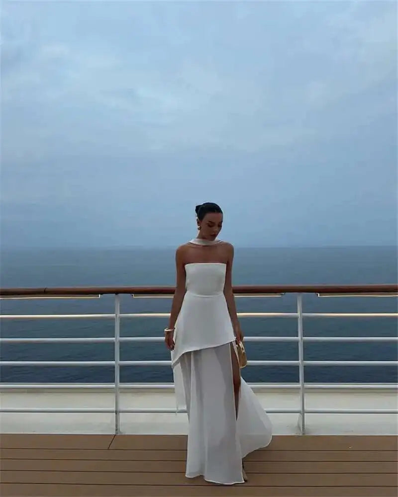 Elegant Strapless Sexy Maxi Dress For Women Gown With Scarf Off-shoulder Sleeveless Backless Split Beach Long Dress