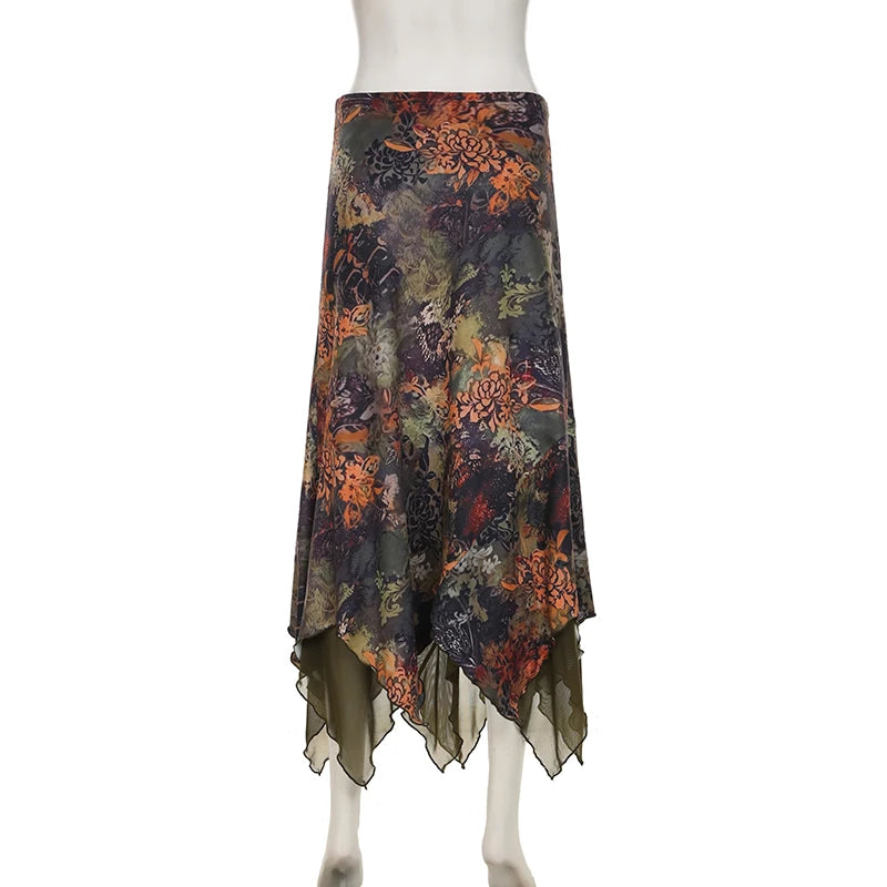 Vintage Floral Printed Asymmetric Hem Skirts Women Summer Low Waist Slimming Skirt 90s Fairy Mesh Pathced Outfits New
